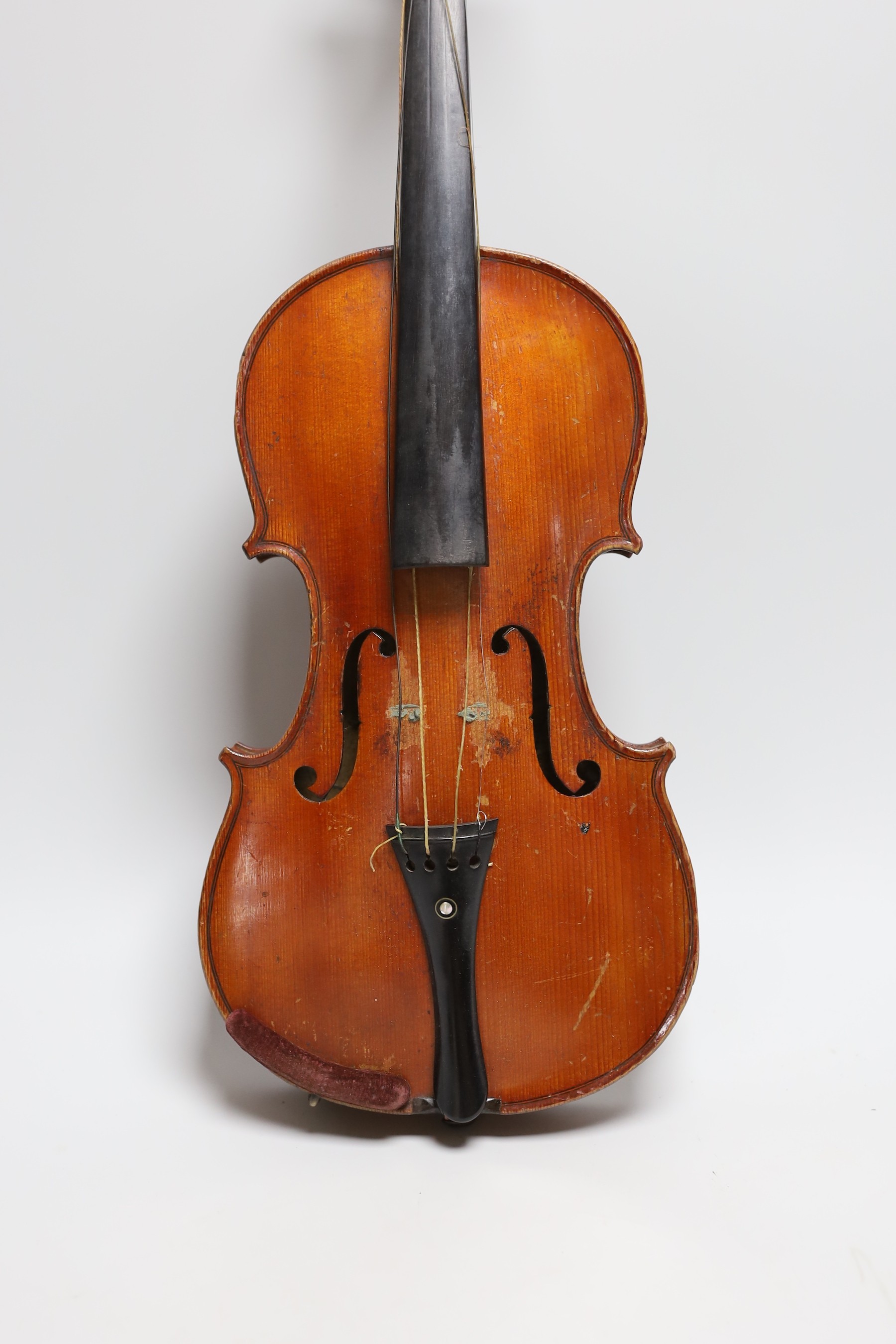 A cased 19th century French violin, back 34cm